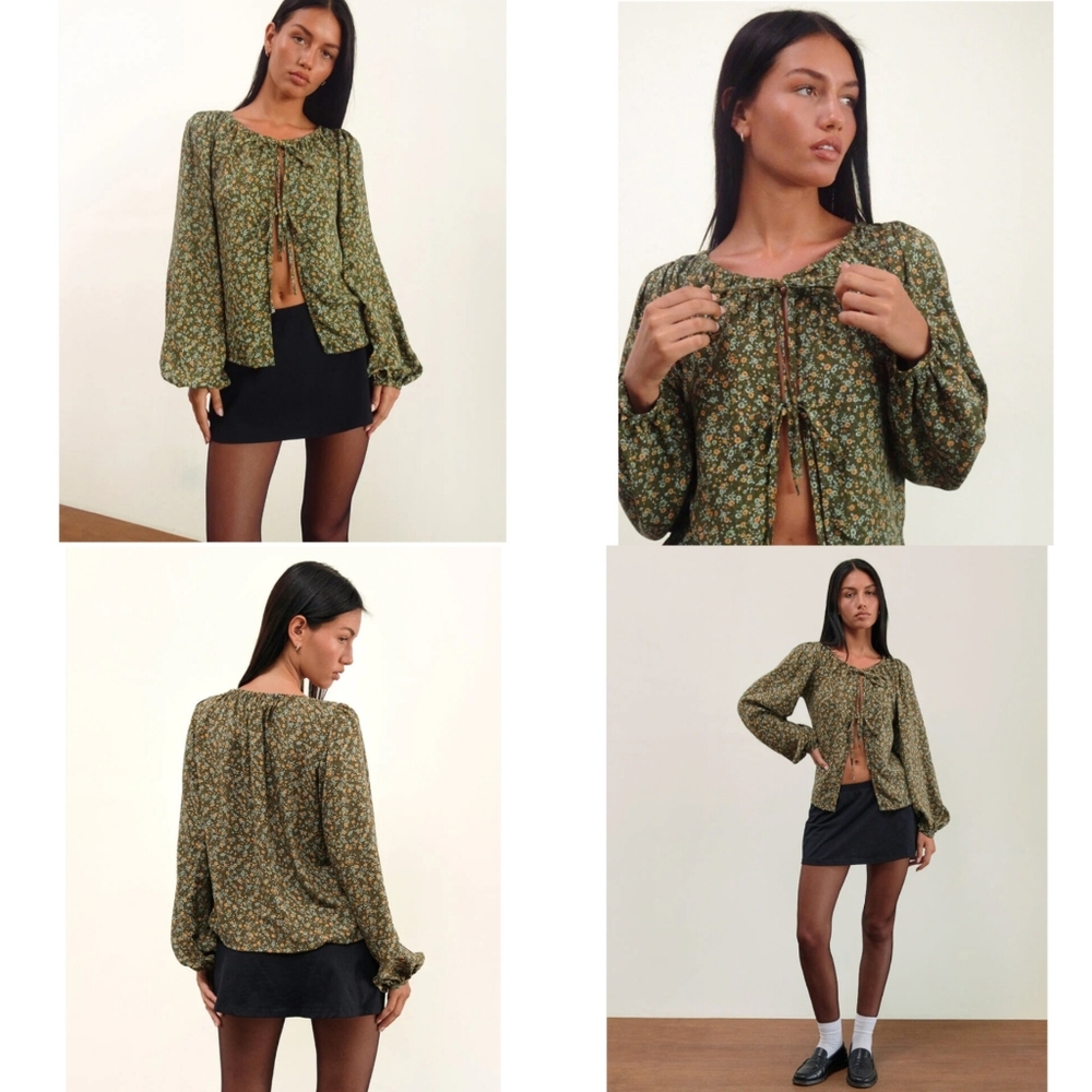 Modeta‎ Tie Top Long Sleeve Blouse Grunge Floral Khaki Green Womens Size M